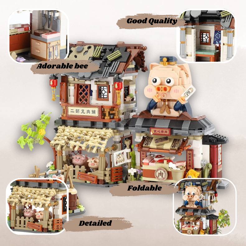 UNIQUE TOYS ZONE - ASIAN TOWN - BUTCHER SHOP BUILDING SET - STREET FOOD VIEW - MINI BUILDING BLOCKS - 1105pcs