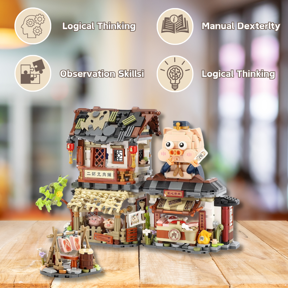 UNIQUE TOYS ZONE - ASIAN TOWN - BUTCHER SHOP BUILDING SET - STREET FOOD VIEW - MINI BUILDING BLOCKS - 1105pcs