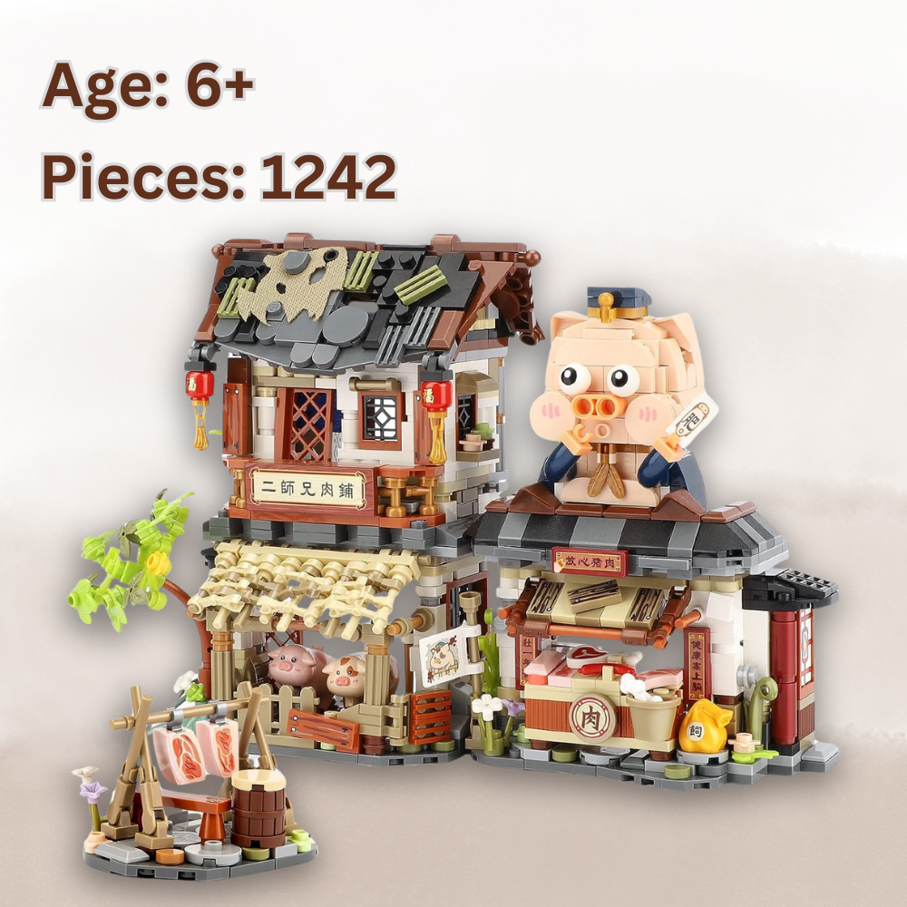 UNIQUE TOYS ZONE - ASIAN TOWN - BUTCHER SHOP BUILDING SET - STREET FOOD VIEW - MINI BUILDING BLOCKS - 1105pcs